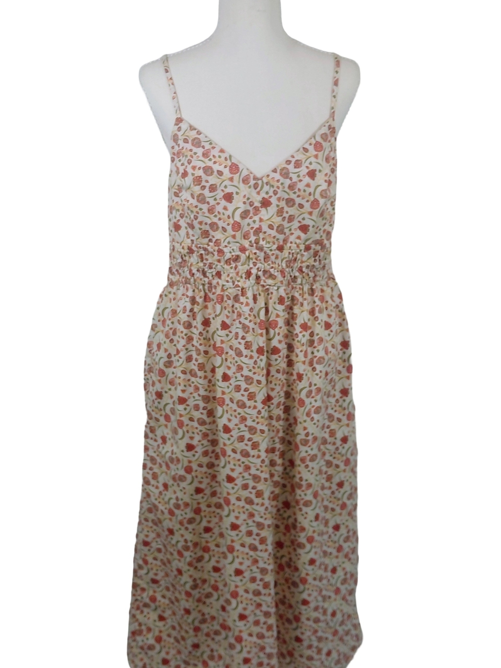 Old Navy Cream Midi Dress Smocked Waist Cottagecore Pink & Tan Floral Print M